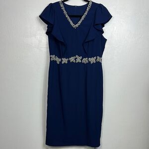 Burryco Elegant Short Sleeve Navy Embellished Midi Dress Size 8